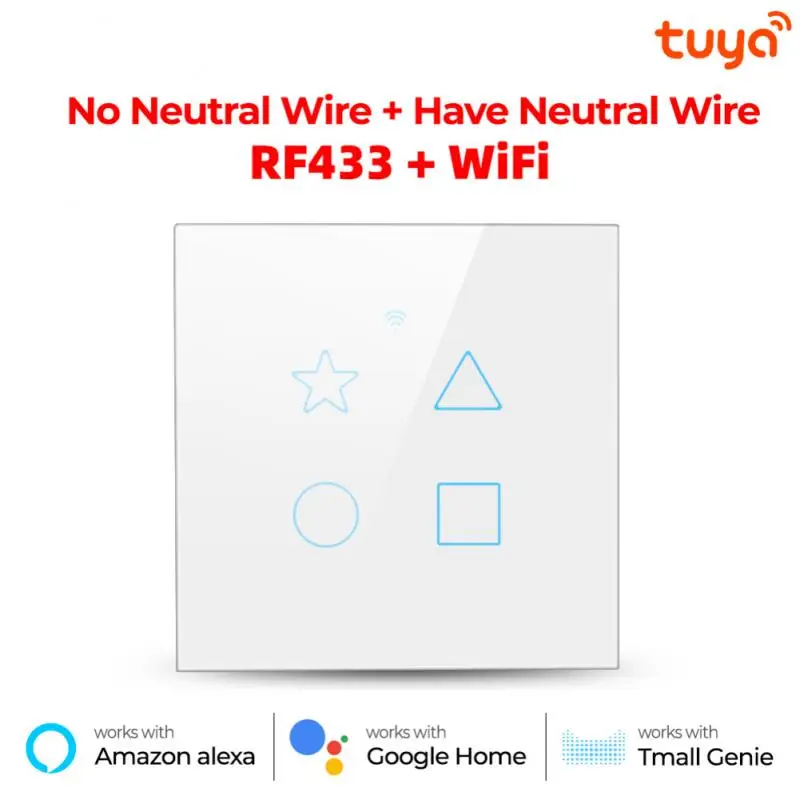 

TUYA WiFi+433MHZ Smart Light Switch 1/2/3/4 Gang Touch Panel Button N/N+L Wireless Wall Switches Work With Alexa Google Home