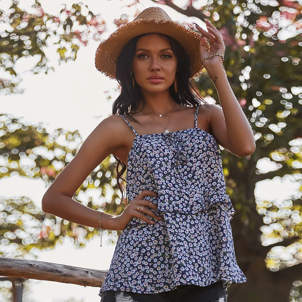 

2021 New Summer Women Boho Floral Print Tank Top Strap Vintage Chic Sexy Blouse Ruffles Sleeveless Holiday Casual Beach Blouse