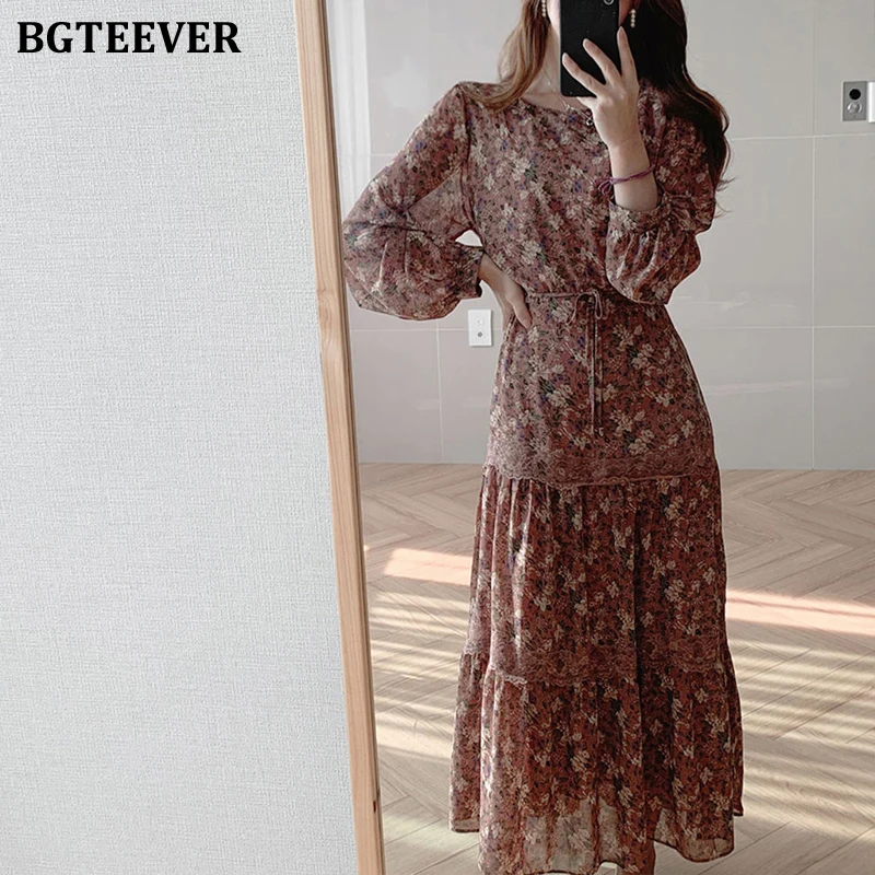 Женское винтажное платье BGTEEVER длинное с круглым вырезом и цветочным принтом на