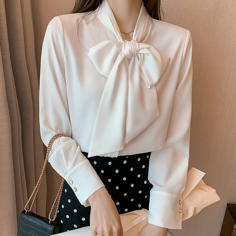

2021 Spring Autumn Long Sleeve Shirts Women Bishop Sleeve Single-Breasted Office Ladies Tops Bowtie Buttons Blouses