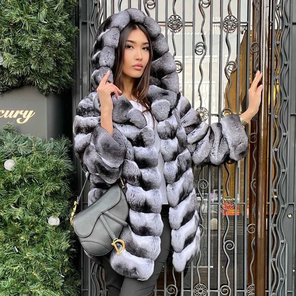 Women Real Rex Rabbit Fur Coat with Hood Winter Fashion Medium Length Natural Rex Rabbit Fur Jacket Chinchilla Color Overcoats