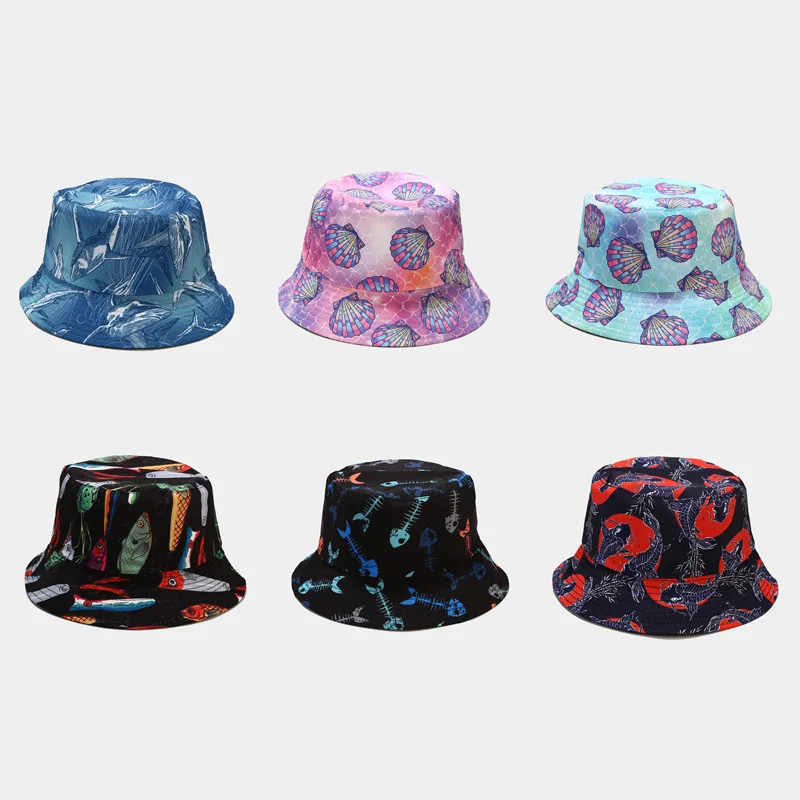 The new 2021 sea animal print double-sided fisherman cap female summer tidal basinand American creative cartoon hat Panama | Аксессуары