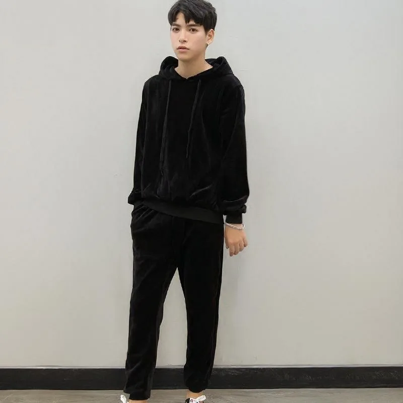 Мужской бархатный теплый спортивный костюм черная толстовка с капюшоном +