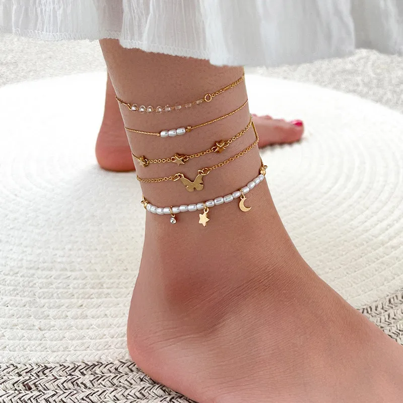 

WUKALO 5pcs/set Punk Vintage Gold Color Moon Star Pearl Anklets for Women Bohemian Leg Ankle Anklet Bracelet Beach Jewelry