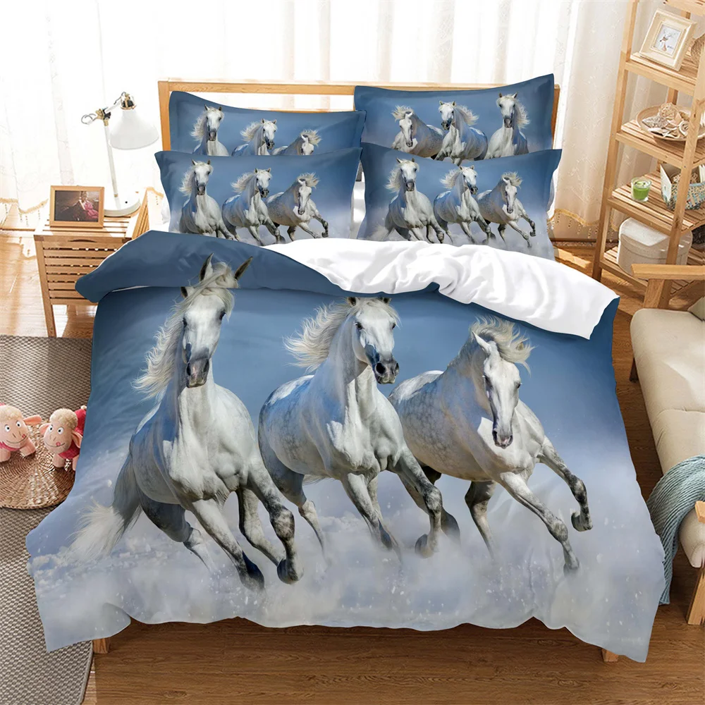 

Three white horses Bedding 3-piece Digital Printing Cartoon Plain Weave Craft For North America And Europe Bedding Set Queen
