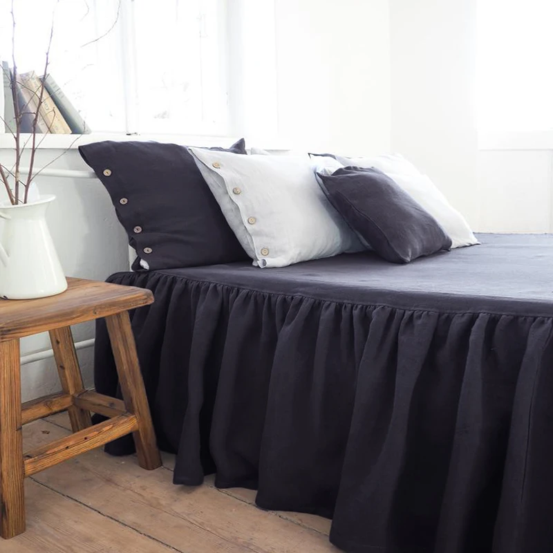 

Комплект из 3 предметов из натурального льна, юбка для кровати с зернистой поверхностью и наволочкой, высота 45 см, для использования в домашних гостиницах, серые постельные юбки