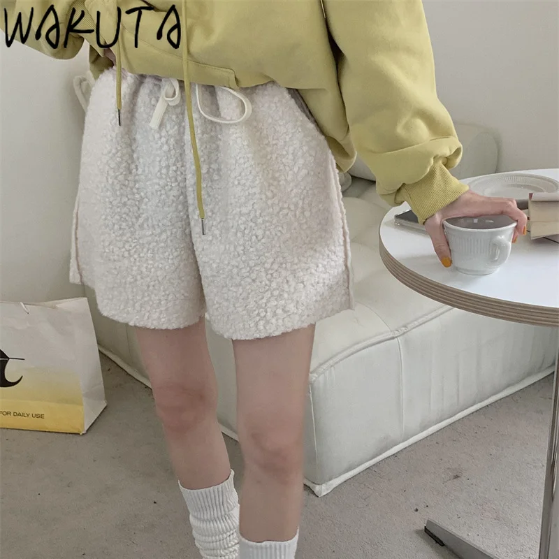 WAKUTA Women 2021 Fashion Fleece Thick Shorts Autumn Winter Korean Style New Elegant High Waist Solid Female Short Pants Mujer | Женская