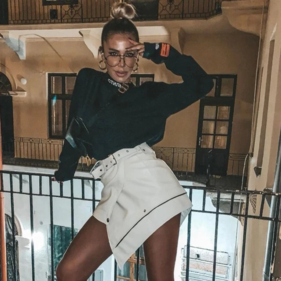 Юбка женская ассиметричная из искусственной кожи пикантная мини юбка на молнии с