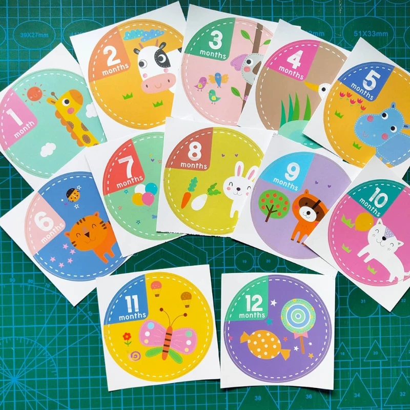 

12 Pcs/Set Baby Pregnant Monthly Stickers Cartoon Animal Pattern Memory Recording Milestone Sticker Photography Props