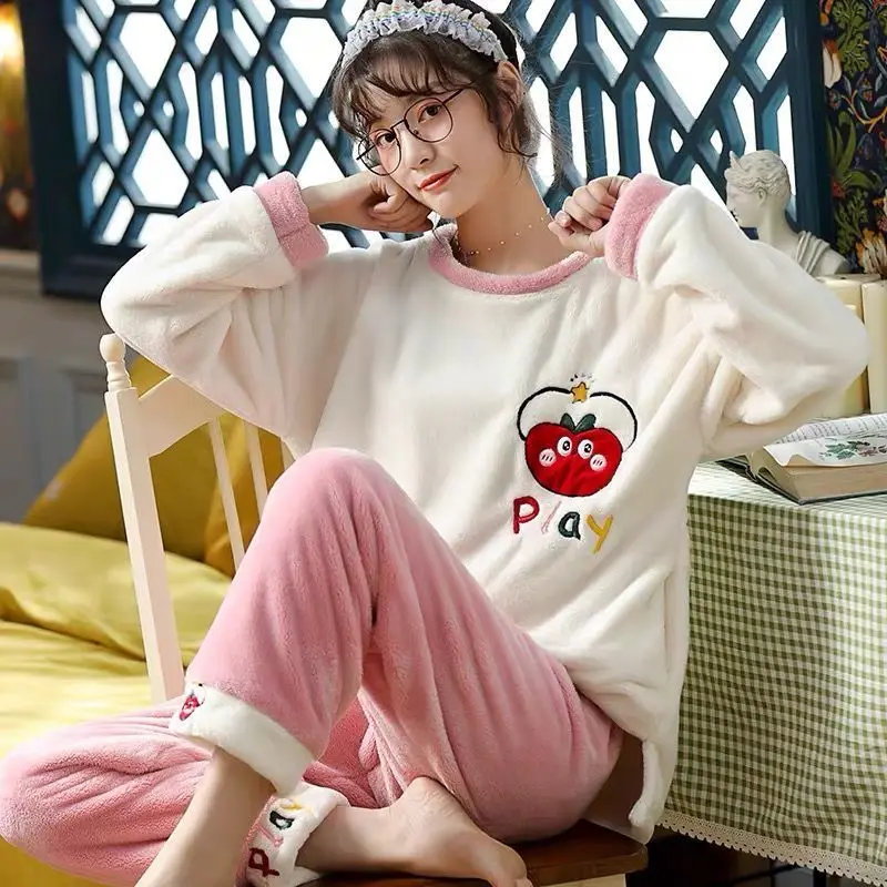 Long Sleeve Coral Fleece Pajamas Set Women Cartoon Graphic Autumn And Winter Home Wear Set Kawaii Pajama Sleepwear Plus Size