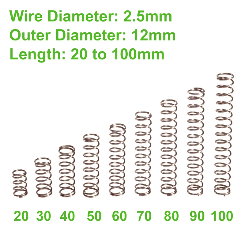 

Компрессионные пружины, диаметр маленькой проволоки 2,5 мм, внешний диаметр 12 мм, длина от 20 мм до 100 мм