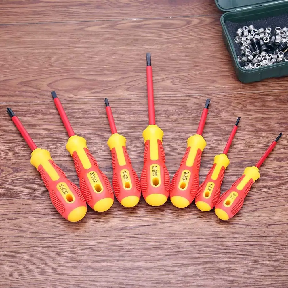 

7pcs VDE Insulated Screwdriver Set 1000V with Magnetic Tip TPR Handle Electrician Soft-Grip Slotted Phillips Pozi with Tester