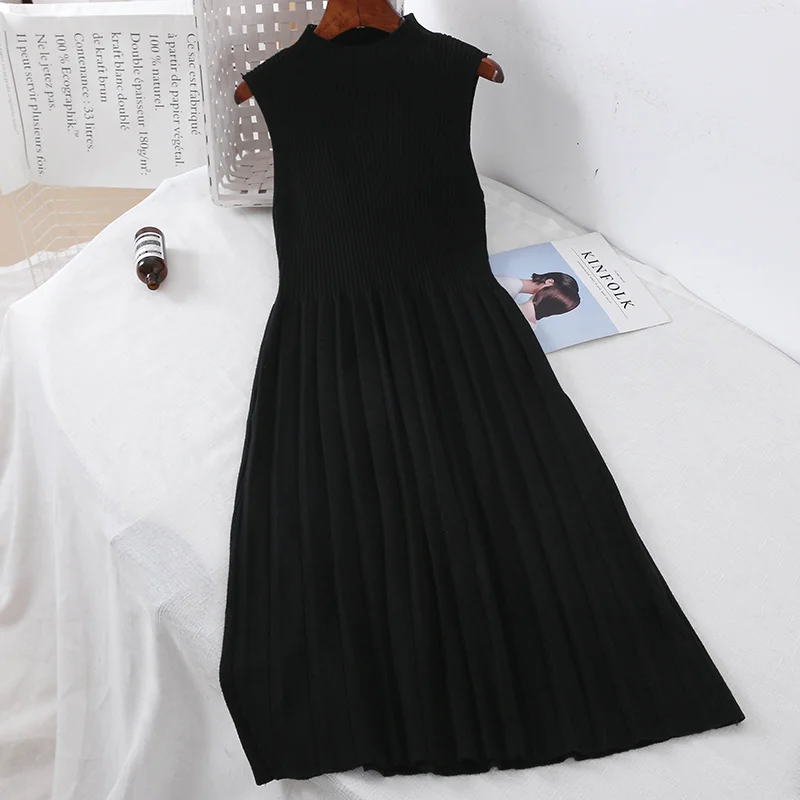 

2021 New Fashion Women's Knitted Dresses Retro High Neck Long Sleeveless Knitting Sweater Dress Solid Dresses Party Dress