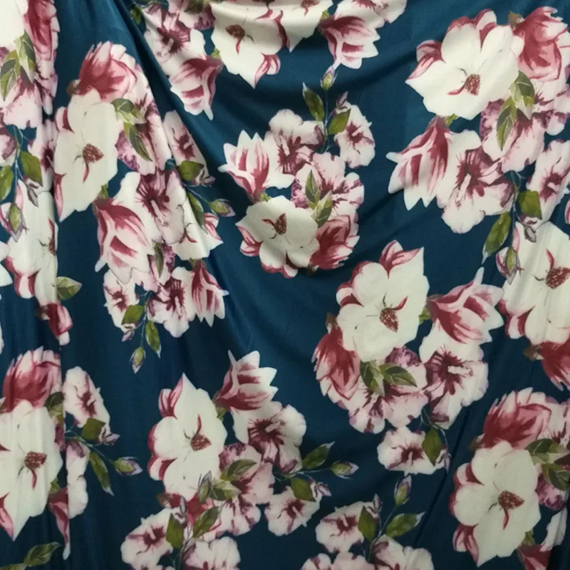 

Nice 4 Ways Stretch Milk Silk Knited Cotton/Spandex Fabric Peacock Blue Bottom Big flower Print Fabric Diy Sewing Women Dress