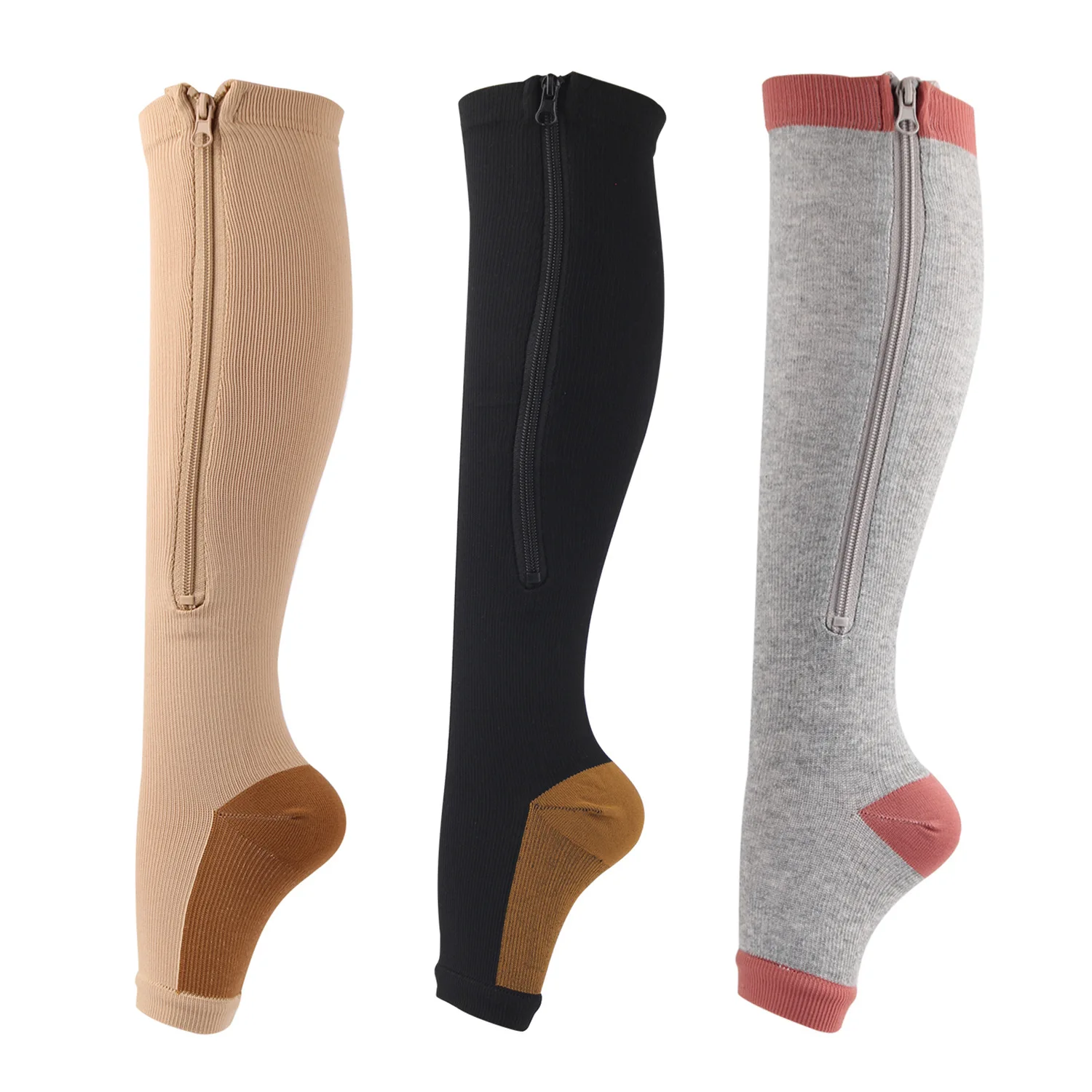 Drop Shipping Compression Socks Sports Zipper Socks 5 Pairs Per Set Black White Grey Copper Compression Socks with Zipper