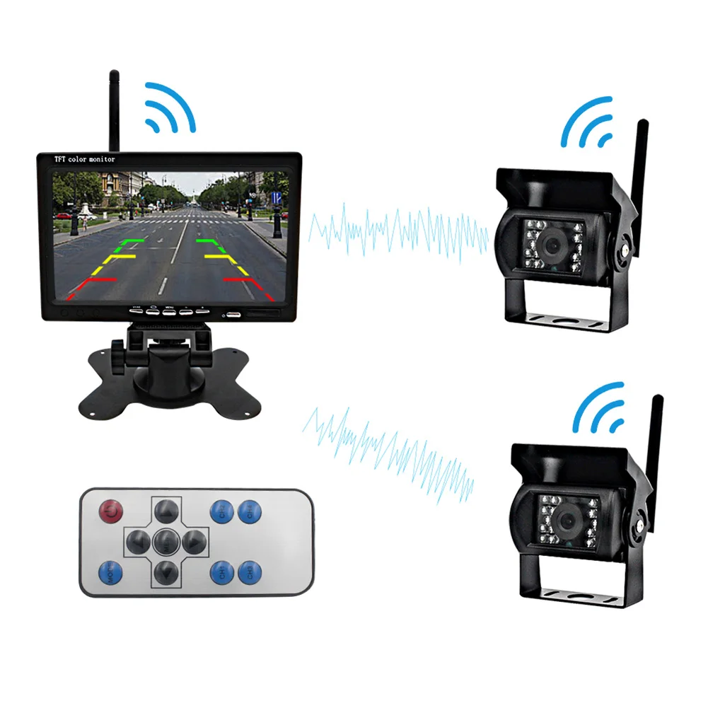 

7" LCD Wireless Car Rearview Monitor HD Display Reverse Assistance Paking Camera System + 2pcs Cameras For Truck RV Bus Vehicle