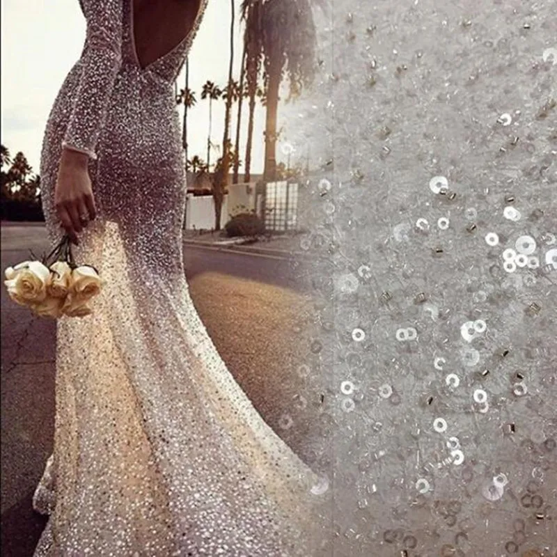 

130 cm luxury Latest sparkle sequins beads embroidery lace fabric Top grade wedding gown dress lace fabric off white