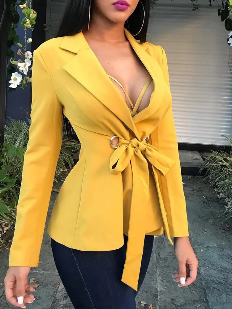 

2021 High Fashion Sexy Deep V Tie Bow Yellow Suit Jacket Bandage Business Suit Office Lady Notched Za 2021 Women Clothing
