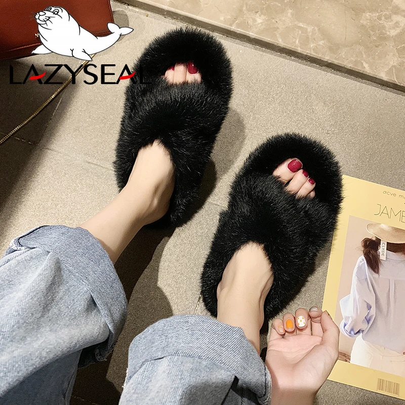 LazySeal/тапочки с натуральным кроличьим мехом женская обувь модные женские Вьетнамки, Повседневная плюшевая обувь на плоской подошве женские меховые домашние шлепанцы
