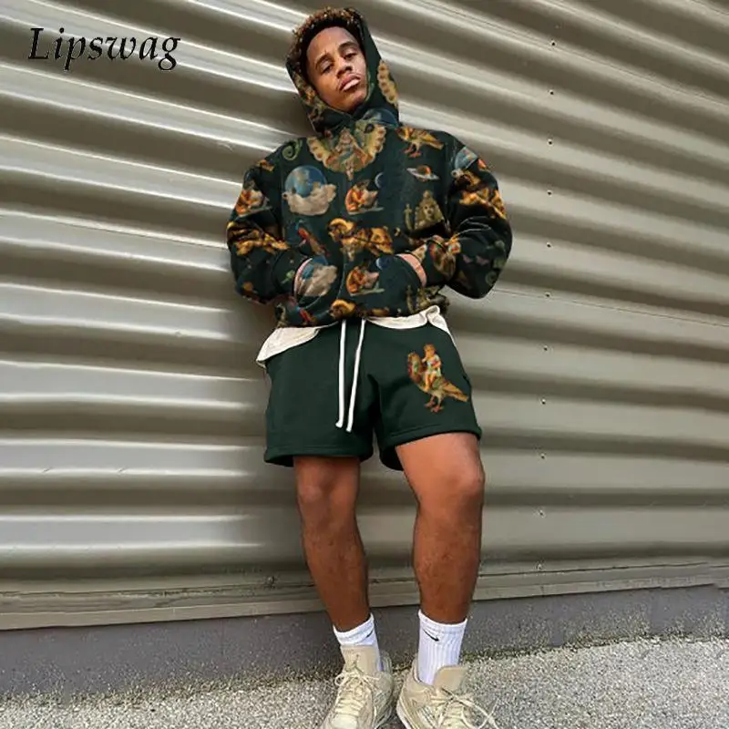 

2021 Autumn New Vintage Pattern Printed Men 2pc Set Fashion Outfits For Mens Spring Long Sleeve Hoodies And Shorts Suits Hipster