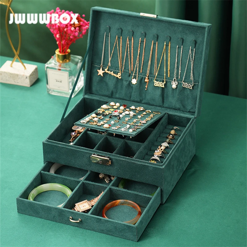 

JWWWBOX Vintage Velvet Jewelry Box Organizer Double Layers High Capacity Necklace Earrings Rings Jewelry Storage Box Casket Case