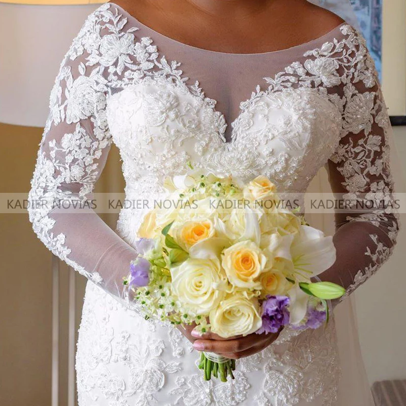 

Long Sleeves Mermaid Wedding Dresses 2021 Africa Scoop Neck Illusion Lace Appliques Crystal Beaded Plus Size Formal Bridal Gowns