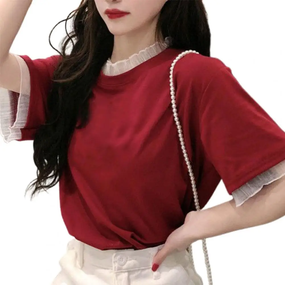 

Women T-shirt Loose Sweet Summer Short Sleeve Lace Blouse for Party Women T-shirt