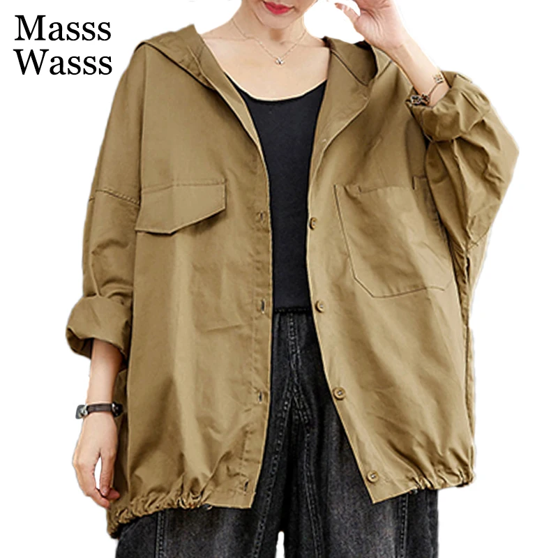 

Masss Wasss Autumn Korean Fashion 2021 Women Hooded Khaki Loose Trench Ladies Buttons Harajuku Windbreakers Solid Color Clothing