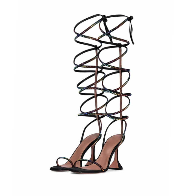 

Sexy Rhinestone Knee high Gladiator Sandals Women Lace Up Ladies Party Shoes Nightclub Strappy high heels Shoes For Women