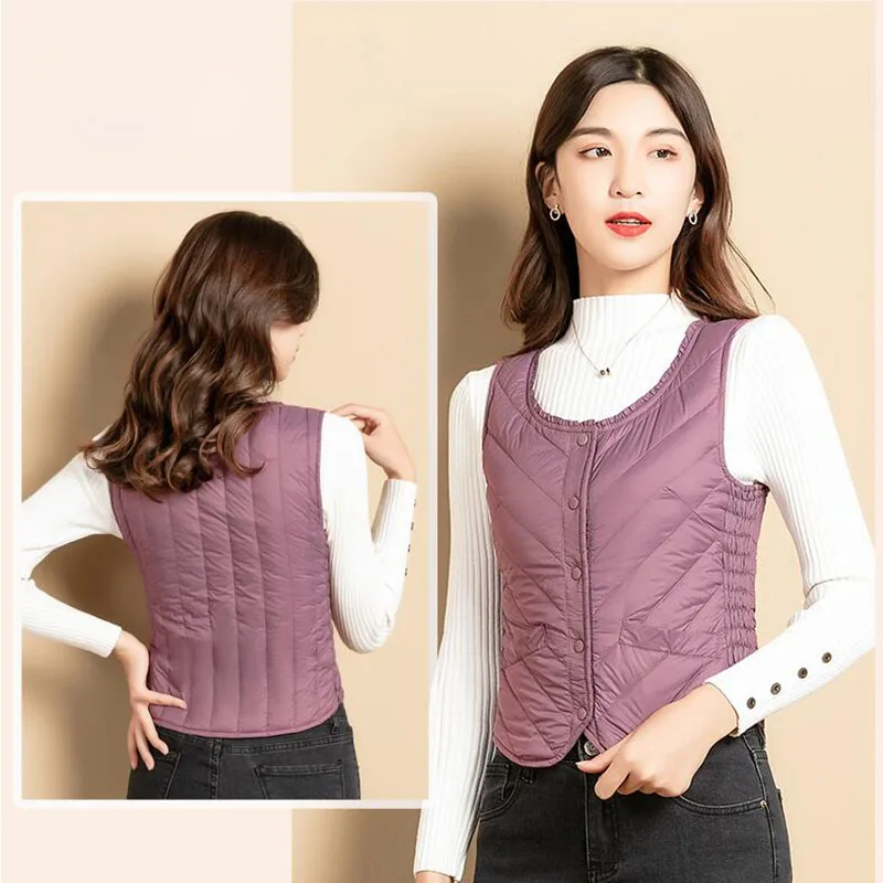 Ультратонкий пуховик светильник Теплый жилет женский укороченный без рукавов с