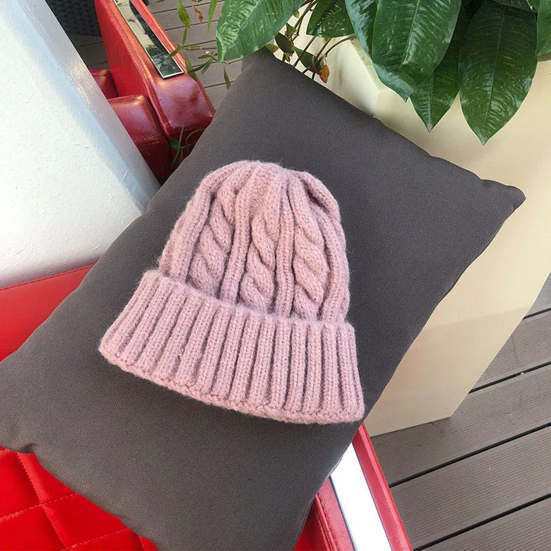 Pink Модный Стойкий цвет для женщин, вязаная шапка, осенняя и зимняя теплая однотонная шляпа, твист, головной убор, маска для улицы, фасоль, хеджирование - Цвет: Pink