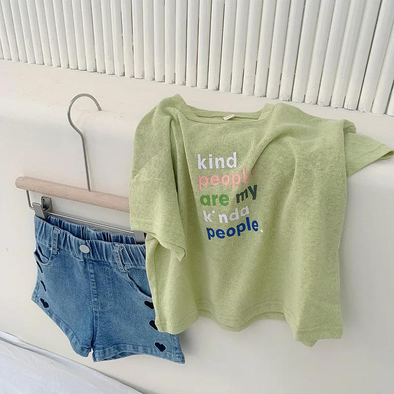 

2021 Summer New Girls T-Shirt Korean Short Sleeve O-Neck Letter Clothes