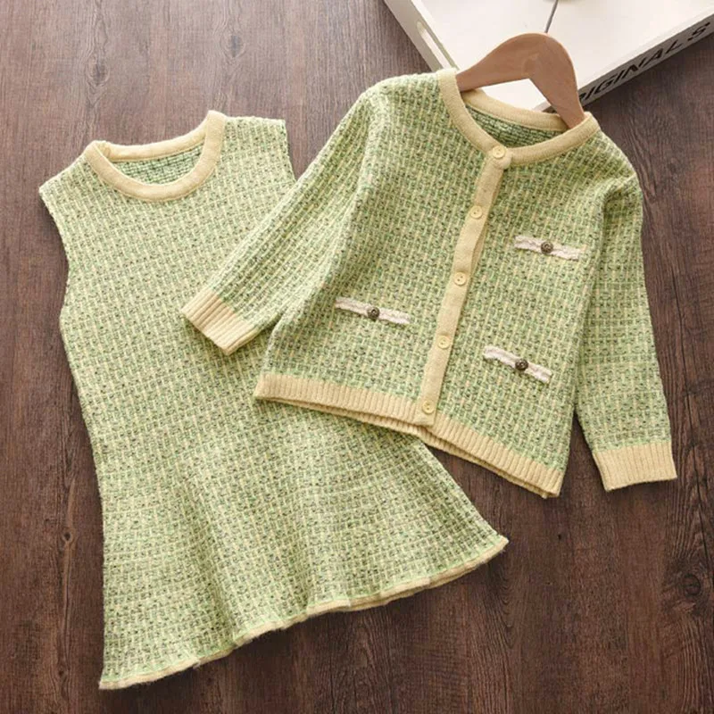 

Baby Girls Kids Casual Clothing Sets 2020 New Fashion Children Elegant Autumn Clothes Girl Knitted Princess 2Pieces Dress Sets