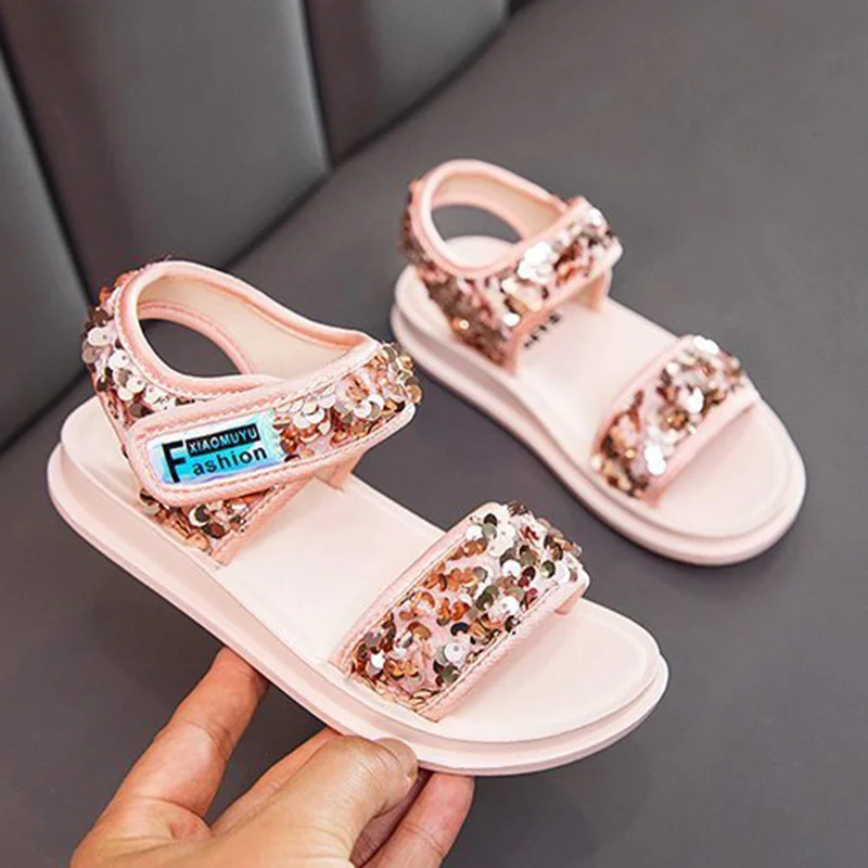 Летние детские сандалии с блестками для девочек обувь пляжные мальчиков модная