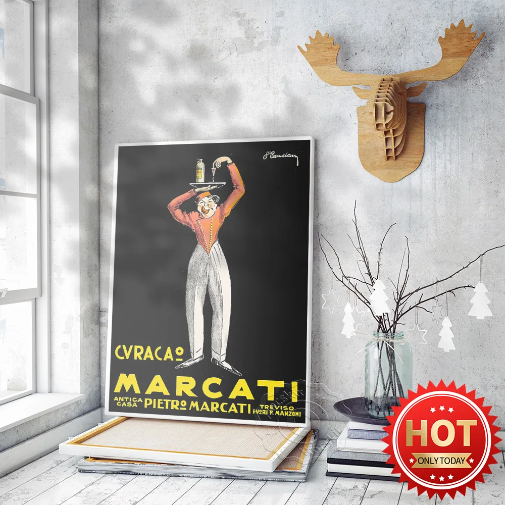 

Retro Advertising Poster, Cartoon Bellboy Wine Wall Art, Marcati Liqueur Print Art, Bar Pub Club Wall Stickers, Vintage Art