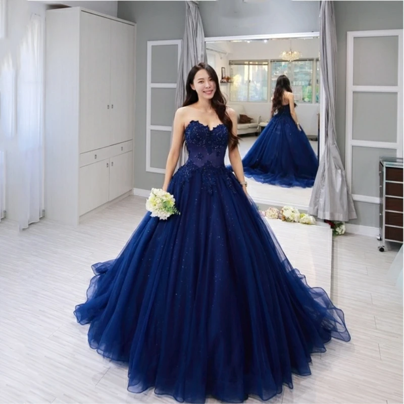 

Blue Lace Sleeveless Long Prom Dresses 2023 Sweetheart Ball Gown Applique Beading Plus Size Evening Dress Robe De Soiree