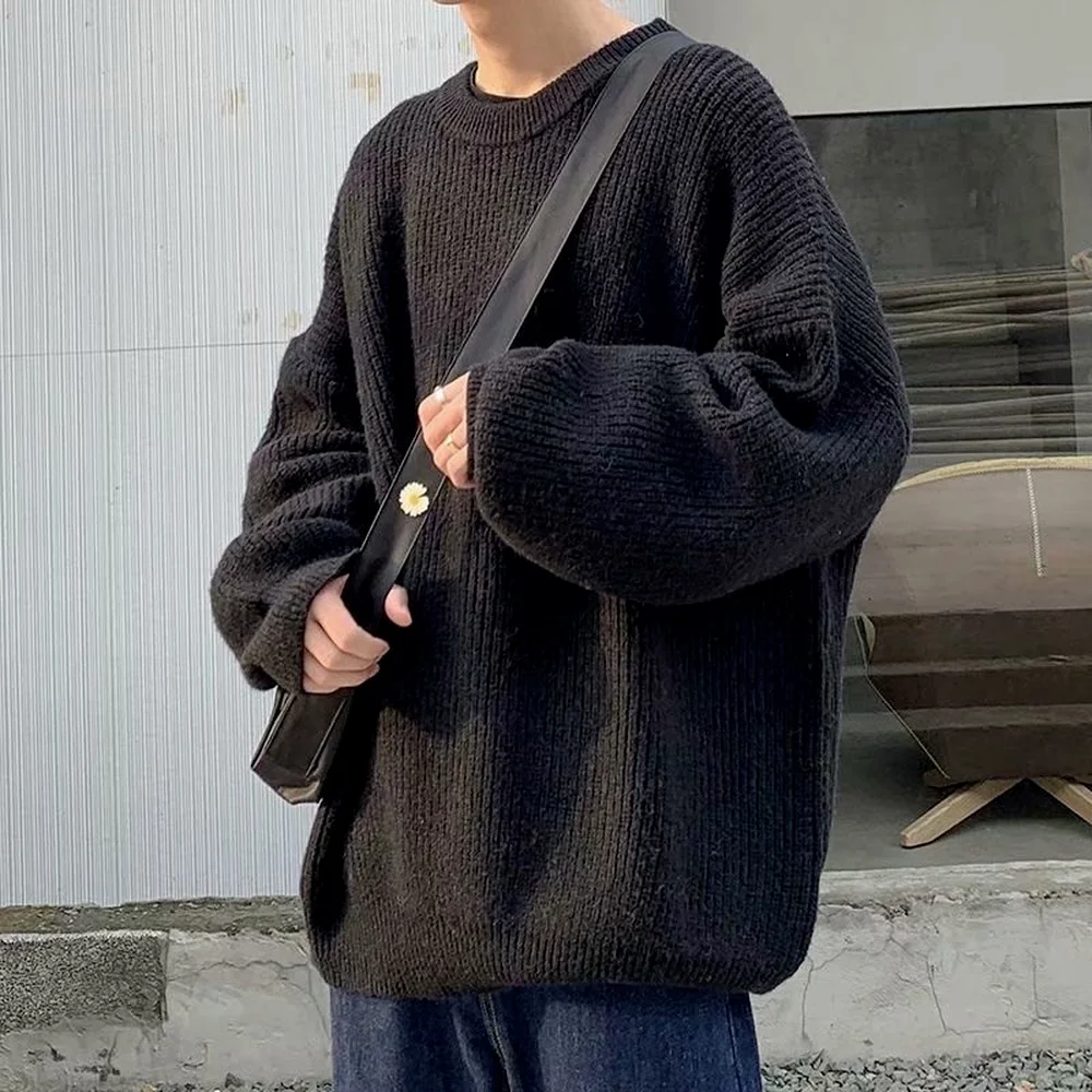 Свитер оверсайз с круглым вырезом, мужской студенческий модный свободный свитер в Корейском стиле, натуральный черный, серый свитер, индиви...