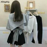 hoodies women solid bow bandage back elegant o neck all match sweet womens plus size korean style thin autumn fashionable tops