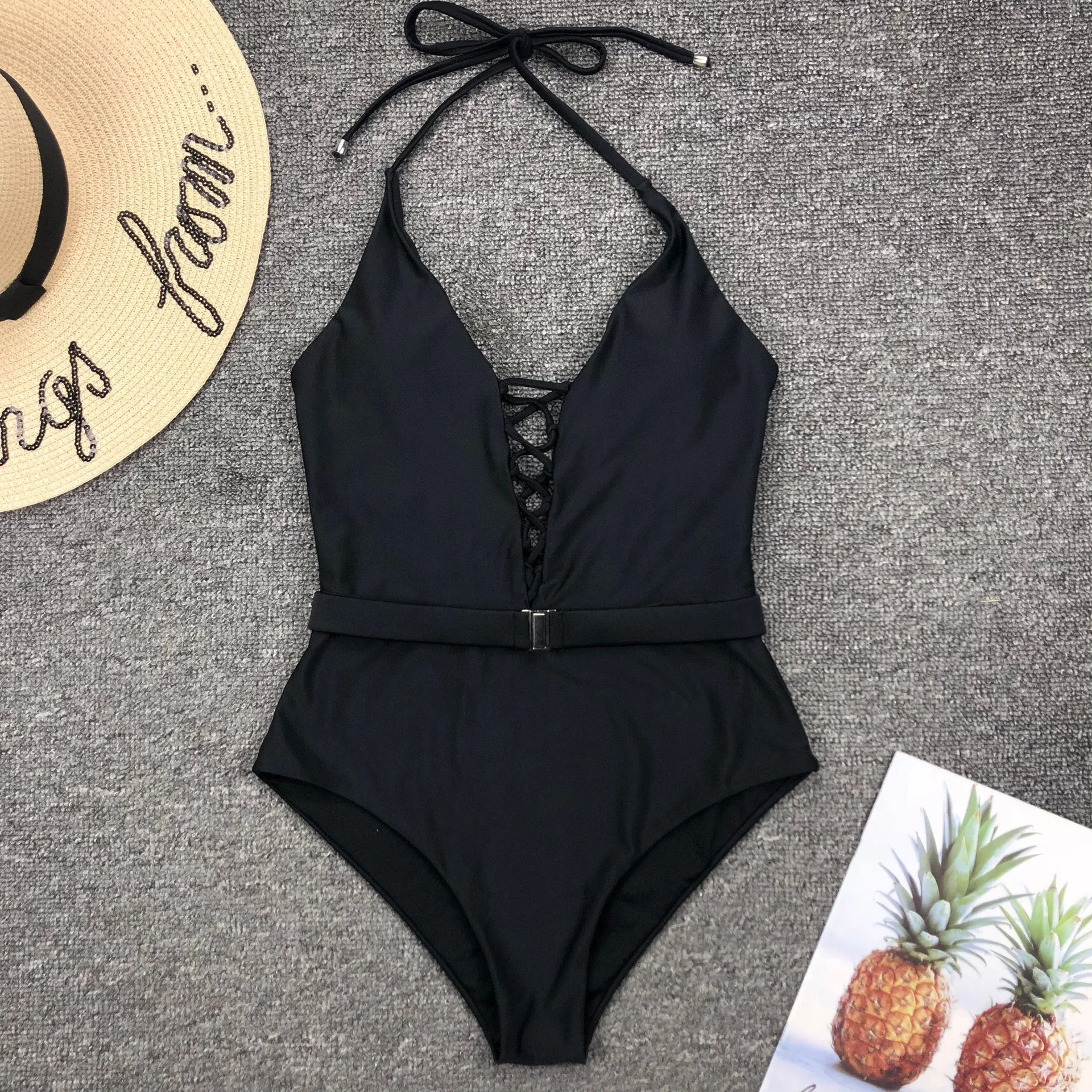 

Front Lacing Female Swimsuit One Piece V-Neck Open Back Sweet Swimming Suit For Women