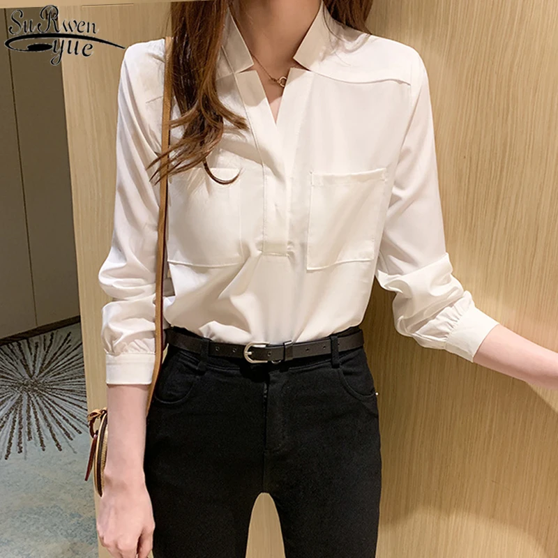 

New Female Korean Loose V-neck Long Sleeve Shirts Women Shirt Classic Chiffon Blouse Lady Simple Style Tops Clothes Blusas 10505