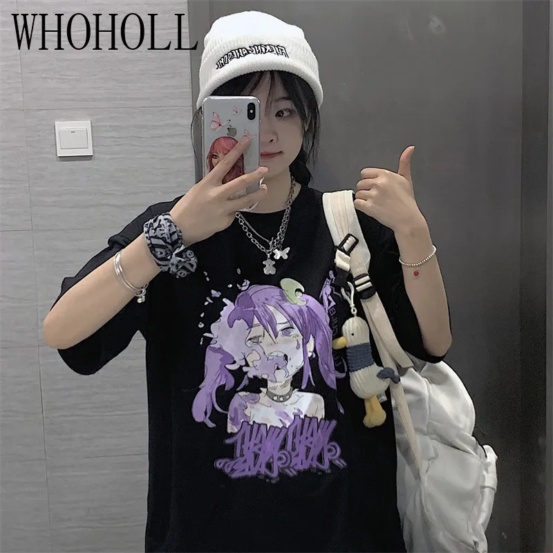 

Gothic Japanese Cartoon Print Vintage Summer Tees Large Size Fun Punk Harajuku Hip-hop Ulzzang Female Ins Short-sleeved T-shirt