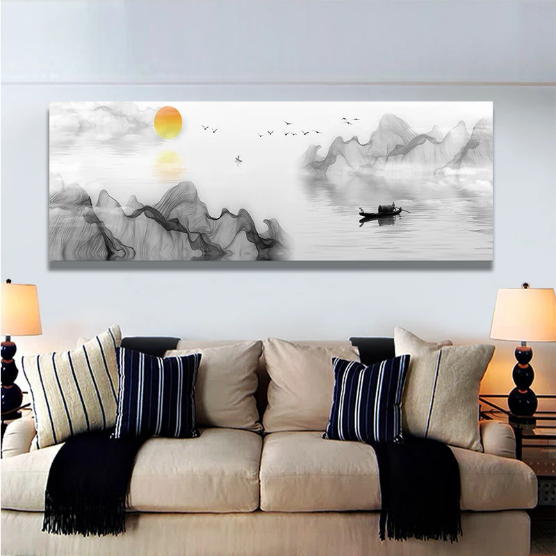 

Modern Chinese style rising sun waterfall canvas painting poster and print wall art picture for home decoration Cuadors Unframed