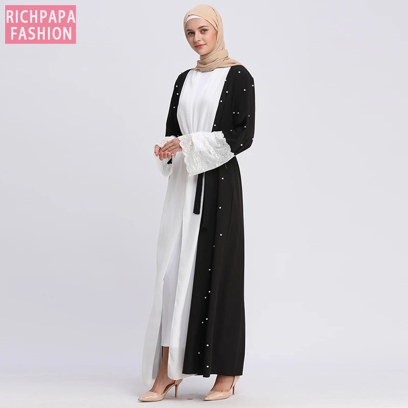 Черная абайя Дубай Кафтан Кружева жемчуг мусульманский хиджаб платье Abayas для