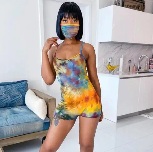 

Hot Women Fashion Tie Dye Short Bodysuit, Spaghetti Straps High Waist Jumpsuit Sleeveless Sexy Romper Pants