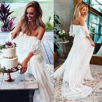 hot sale off the shoulder lace flare sleeve a line beach wedding dress 2021 boho bridal gown high quality
