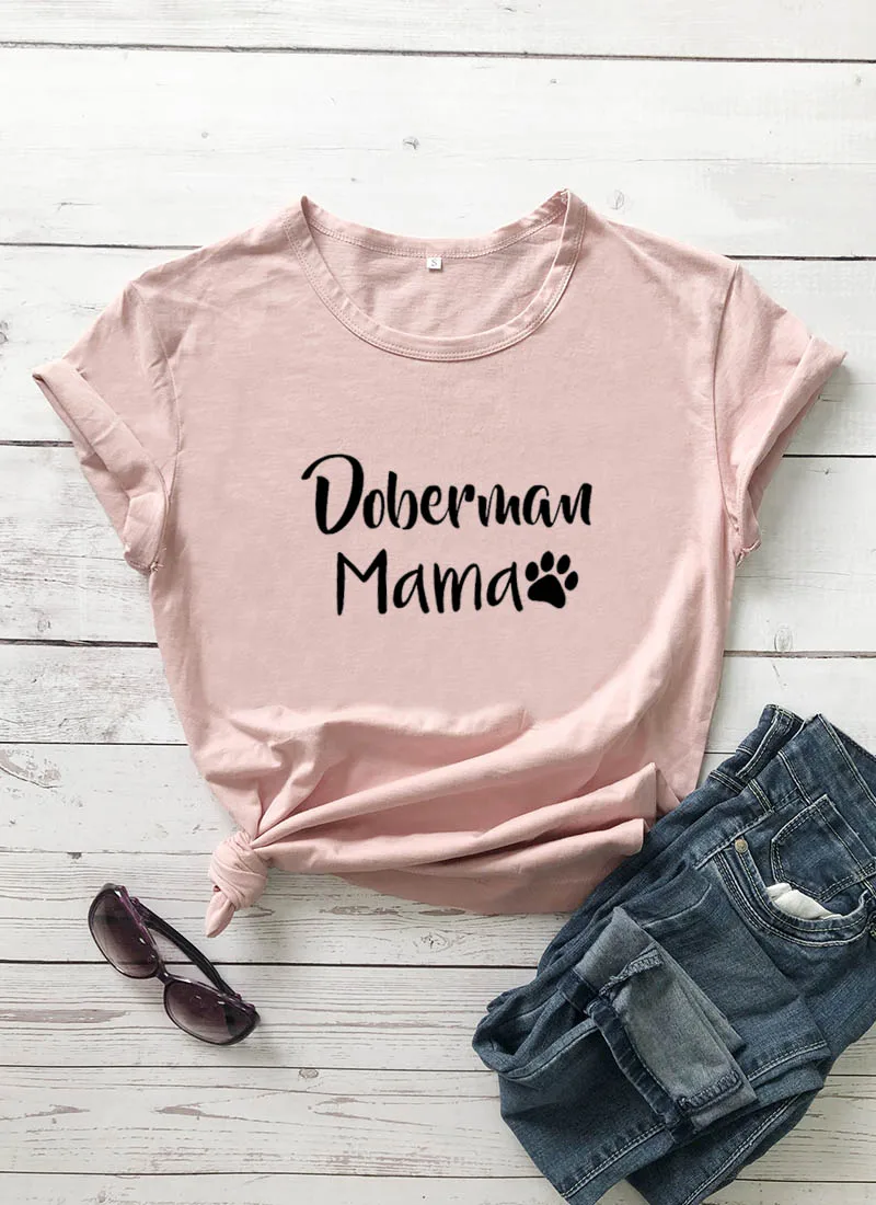 peach-black text Doberman Mama с принтом лапы, Новое поступление, Женская забавная Повседневная футболка из хлопка, футболка для мамы и собаки, футболки для любимого питомца, подарок для любимой собаки - Цвет: peach-black text