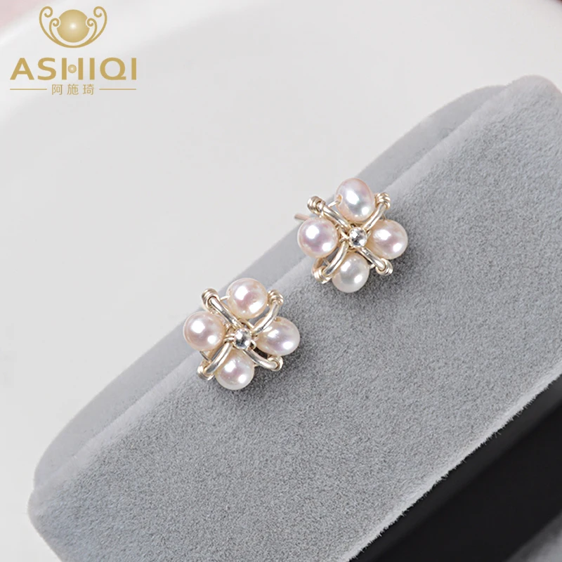

ASHIQI Natural Freshwater pearl stud earrings 925 Sterling Silver Handmade Earrings for women Unique gift