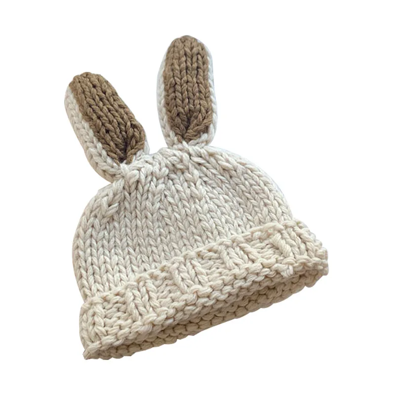 Beige Новая детская шапка с кроликом для девочек, вязаная зимняя шапка с ушками для маленьких мальчиков, детские шапки, реквизит для фотосессии, шапка для малышей, шапка для малышей - Цвет: Beige