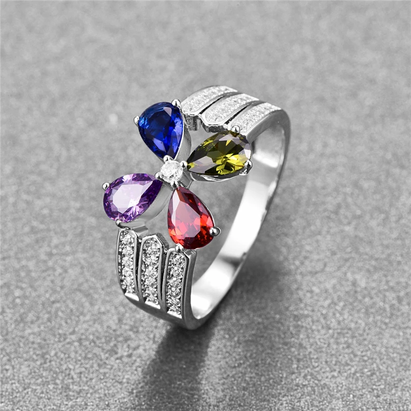 BONLAVIE Luxurious 4 Colors Flower Rings for Women Wedding Jewelry 925 Sterling Silver Water Drop Blue Yellow Purple Red Crystal | Украшения