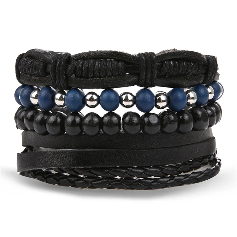 IFMIA богемные деревянные плетеные браслеты ручной работы, браслеты Pulsera для мужчин, винтажный многослойный синий кожаный браслет с бусинами, браслеты